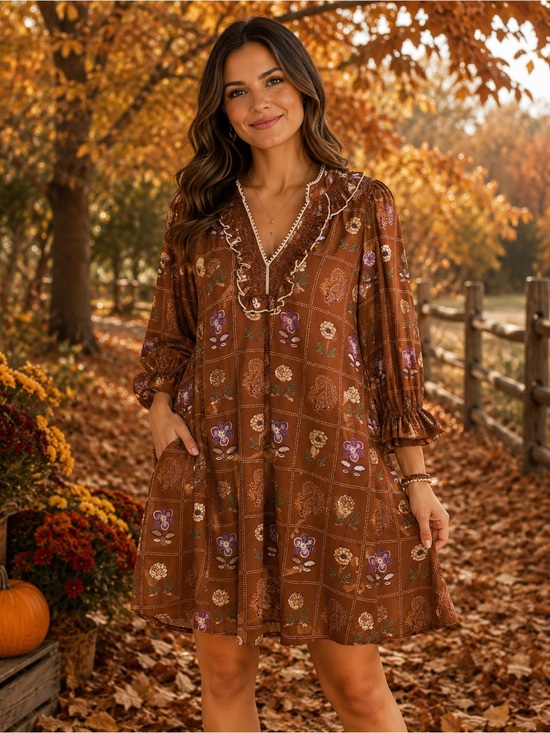 entro Dresses & Skirts - Brown Floral Ruffle V-Neck Shift Dress